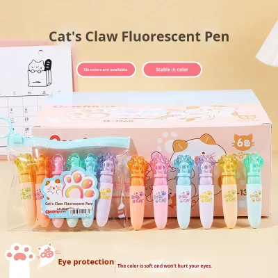 Cat Paw Highlighter Student Cute Cartoon Eye Protection Gold Powder 6-color Marker Pen Graffiti Pen