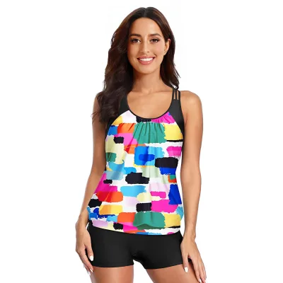 2024 New Retro Print Women's Custom Two-Piece Tankini Swimwear Conservative Split Boxer with Front Logo Women's Swimwear