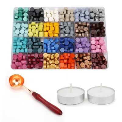 600PCS Packed in Plastic Box with 2PCS Tea Candles and 1 PC Wax Melting Spoon for Wax Sealing Stamp (24 Colors)
