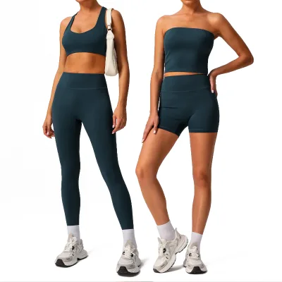 Aoyema Women's Strapless Lightweight Halter Neck Gather-Up Quick-Dry bra Naked Sense Shorts Fitness 4 Pieces set For sports wear