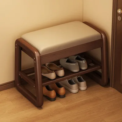 Shoe Bench, Solid Wood Shoe Bench with Cushion, 2 Tier Shoe Storage Bench for Entryway, Hallway, Living Room