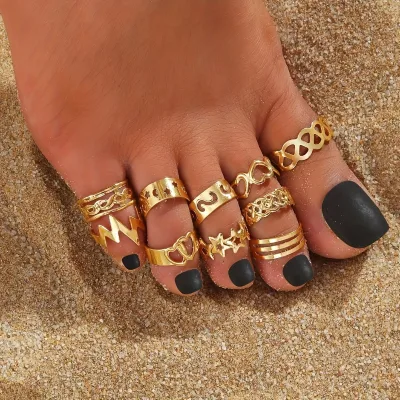 Vintage 22k Gold Plated Precious Metal Alloy Toe Rings Set 10 Pcs Star Open Adjustable Women's Everyday Wear