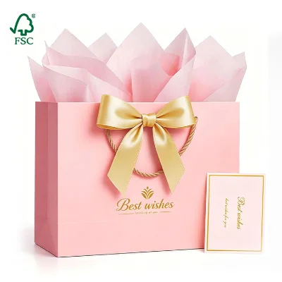 Wholesale Recyclable Kraft Paper Bow Gift Bag Set with Tissue Paper & Greeting Card-Customizable Logo Color Luxury Birthday Bags