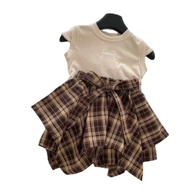 2026 New Summer Girls Outfit All-Match Khaki Sleeveless Cotton T-Shirt + Bow-Knot Plaid Skirt Two-Piece Children Clothing
