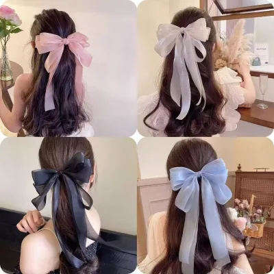 Fashion Sweet pink Bowknot Hair Barrettes Organza Hair Pin Metal Spring Clip Large Bow Ribbon Hair Accessories for Women