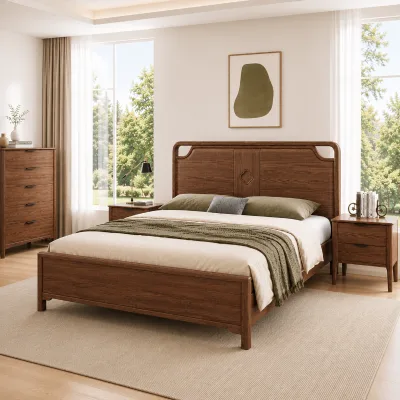 Minimalist Style Solid Elm Wood Bed Frame, High Headboard, Light Walnut Color, Extra-large Double Bed, Flat Bed