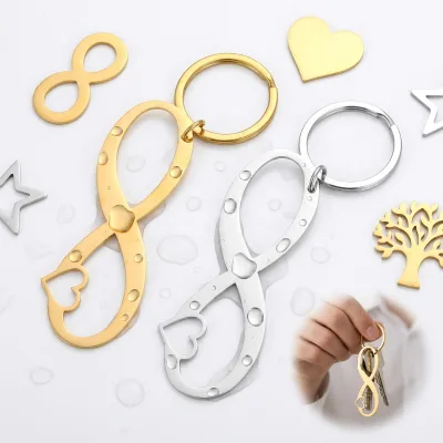 Yiwu Aceon Stainless Steel Long Size Brand Bag Label Cut Hollow Heart Infinity Engraveable Fashion Pendant Key Chain