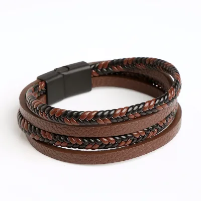 Popular Cheap Wholesale Price Customized Engraved Logo Woven Leather Alloy Rope Wrap Trendy Unisex Men's Leather Bracelet