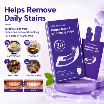 Purple Teeth Whitening Strips Mint Flavor Fluoride Peroxide-Free V34 Optical Color Correction Low Sensitivity 30-Minute