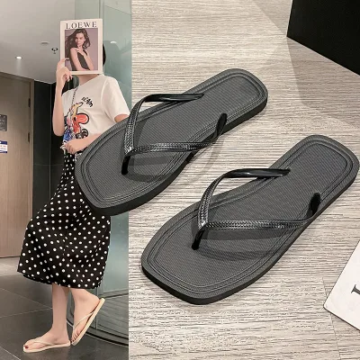Women's Customized Square-Toed Flip Flops with PVC Strap Anti-Slippery PE Rubber Slippers Soft Beach Slippers