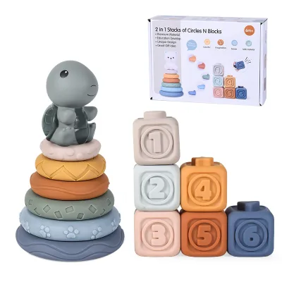 Animal Digital Pile up Building Blocks Silicone Infant Stacking Kids Toys Soft Rubber 6/12pcs Baby Plastic Color Box