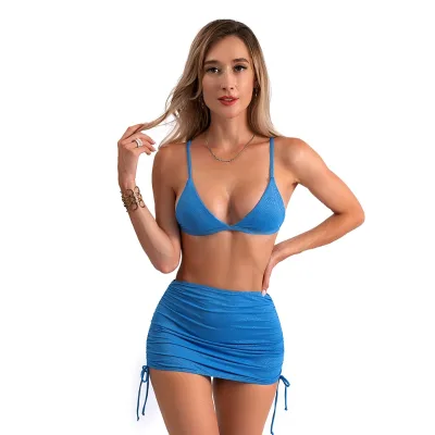 Custom Bright Silk Fabric 3 Pieces Swimwear Dress Three Piece Triangle Set With Cover up Bikini