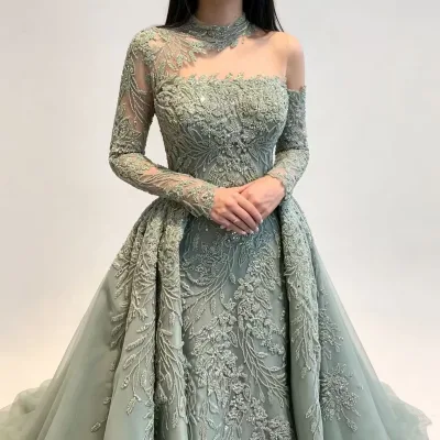 Luxury Crystal 3D Pattern Pearls Feathers Pleat Floor-Length Mermaid Organza Natural Waistline Party Prom Dress Sleeves