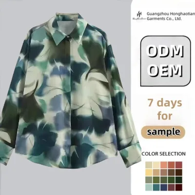 ODM OEM Custom Women 2025 Spring Summer Casual New Fashion Printing Satin Blouses Vintage Long Sleeve Chic Tops 100% Polyester