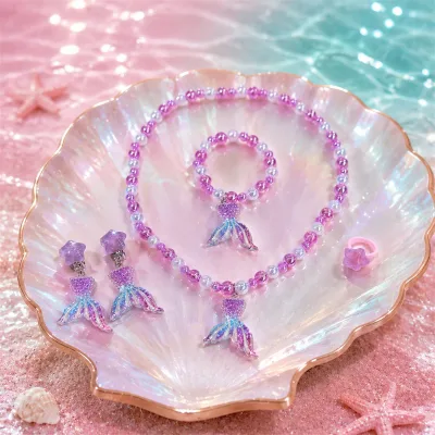 Trendy Princess Mermaid Necklace Bracelet Accessories Acrylic Resin Handmade Bead Jewelry Set for Girl Children Birthday Gift