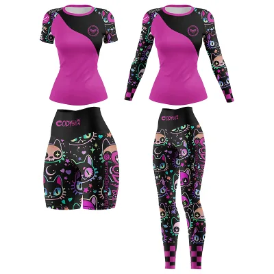 For Women's MMA Four-Piece Set Long Sleeve Compression Rashguard with Custom Logo Front Spandex/Nylon UPF50+ Quick Dry