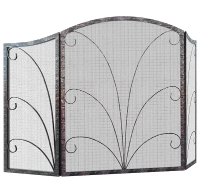 3-Panel Arched Fireplace Screen Decorative, Handcrafted Scroll Wood Burning Fireplace-Brushed Copper
