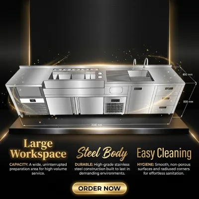 300cm Stainless Steel 304 Floor-Mounted Bartender Workstation Customizable Size 1-Year Warranty for Bar Nightclub Service