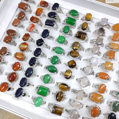 Wholesale Custom Bulk Sale Vintage 10 Different Original Natural Stones Gemstone Rings Rose Quartz Tiger Eye Agate Emerald Rings