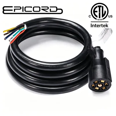 Epicord 8FT 7 Way Black Trailer Cord 10-14 AWG 7 Pin RV Wiring Harness Heavy Duty Copper Wire