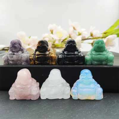 Wholesale Natural Crystal Stone Craft 1.2 Inch Small Figurine Laughing Buddha Carving Crystal Buddha Sculptures Amethyst Statues