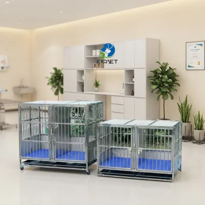 EUR PET Veterinary Clinic Stainless Steel Dog Kennel Double Compartment Separate Cage With Casters Removable Waste Tray