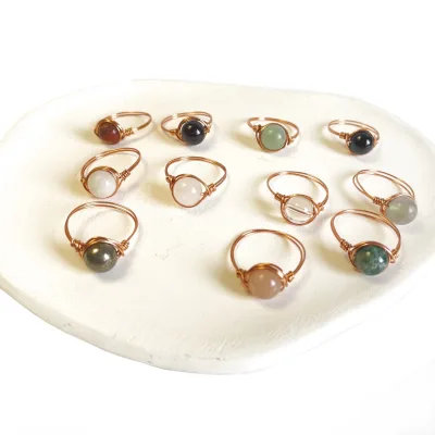 Handmade Retro Natural Stone Ring Vintage Copper Wire Wrapped Gemstone Healing Crystal Ring