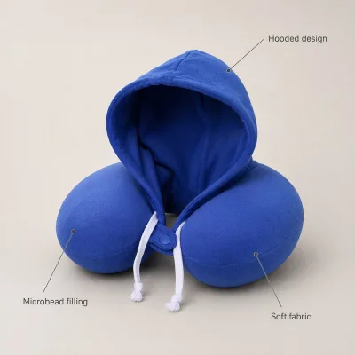Hooded U-shaped Neck-Supporting Cervical-Spine Travel Pillow with Foam Filling Polyester Material for Adults