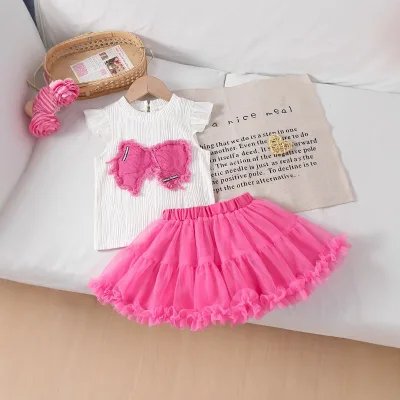 Girls summer new butterfly patch top cake mesh princess skirt two-piece set