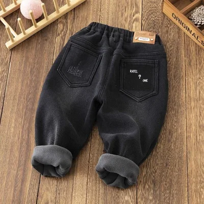 New Boys and Girls Velvet Cotton Garment Dyed Mid-waist Jeans Thickened Warm Stretch Long Pants for Winter