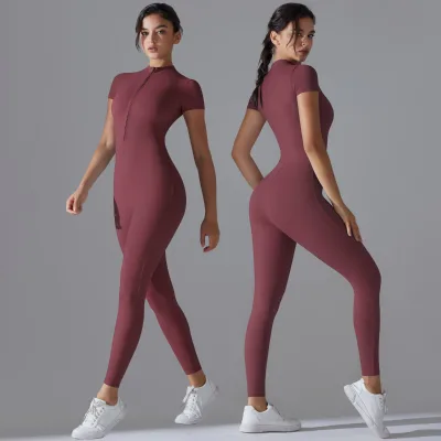 European American Quick-Drying Breathable Sports Bodysuit Jumpsuit Nude Zipper Short-Sleeved Yoga Clothing for Outdoor Fitness