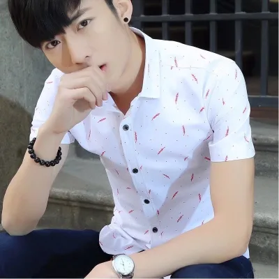Men Printed Short Sleeve Shirt Slim Fit Casual Button Down Fashion Dress Shirts
