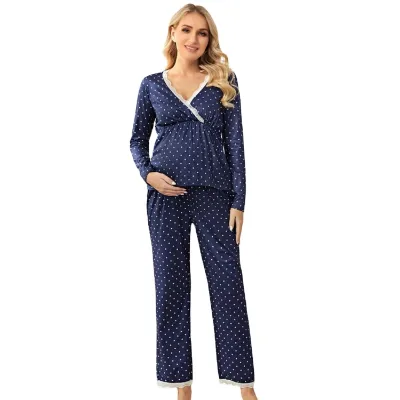 Custom Lace Trim Overlap Collar Maternity Linen Clothes Pajama Women Sleepwear Long Sleeve Nursing Breastfeeding Pregnancy