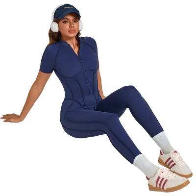 Women's Reversible Stand Collar Half-Zip Open Back 2-Piece Elastic Waist Shorts Fitness Yoga Bodysuit