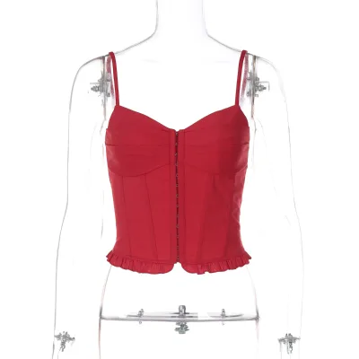Hot-selling Pure Color, Cute Girl Style, Slim Fit, Patchwork Design, Button Closure, Pleated Edges, Halter Neck. Women's Top.