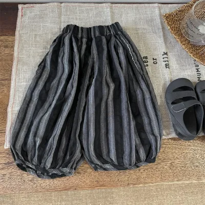 2024 New Summer Children's Cotton and Linen Vertical Bloomers for Baby Girls Loose Capri Pants Anti-mosquito Pants