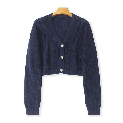 Solid Cardigan Woman High Quality Cardigan with Pocket Women Korea Women's Cardigan Sweater V-neck Custom Wholesale