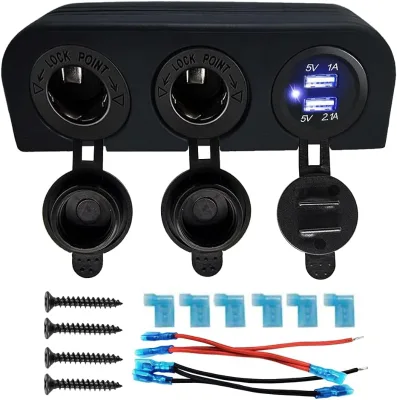 3 IN 1 Panel Dual Cigarette Lighter Socket 3.1A Dual USB Car Charger Power Outlet Adapter Waterproof for Boat Camper Caravans