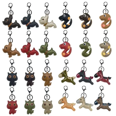 First Layer Cowhide Leather Animals Keychain for Dog Snake Cat Pig Elephant Horse Puppy Genuine Keychains Pendant Bag Charms