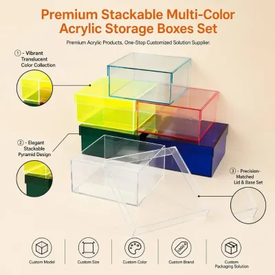 Colored Acrylic Storage Box Set with Lids Clear Stackable Transparent Organizer Container Custom Any Colour & Size & Thickness