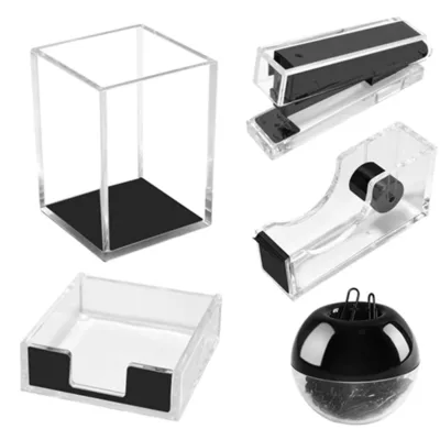 Clear Desktop Acrylic Gold Stapler Set With Stapler Tape Dispenser Pen Holder Note Box Remover