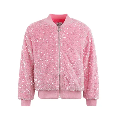 Customizable Girls Pink Faux Fur Sequin Bomber Jacket Soft Shiny Winter Breathable Fashion Outerwear for Casual Wear