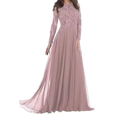 Evening Dresses Long Sleeves Elegance Party Lady Dress Lace up Floor Length Round Neck