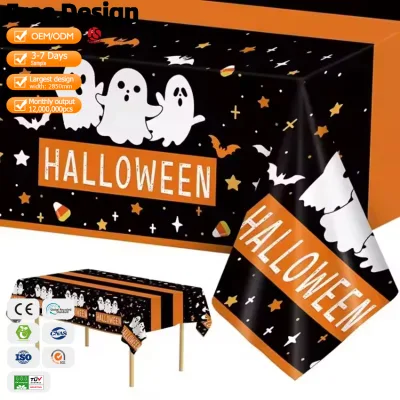 Hot Selling Halloween Decorative Plastic Tablecloth Disposable Plastic Black Orange Bat Design Party Events Indoor Table Cover
