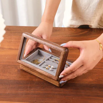 Black Walnut Solid Wood Jewelry Box Travel Simple Ring Earrings Trinkets Portable Flannelette Storage Box
