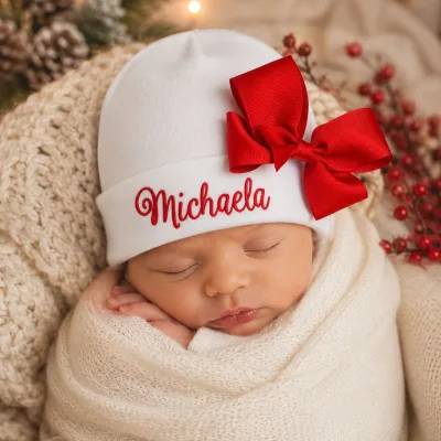 Factory Wholesale/OEM Pure Cotton White Baby Tire Cap Red Bow Baby Four Seasons General Outdoor Windproof Warm Knit Cap