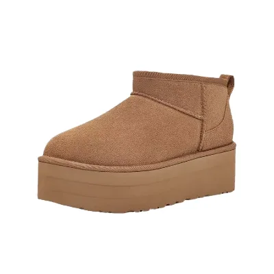 Womens Thick-Soled 5cm Snow Boots Platform Heel Round-Toe Short Cowhide Boots Cotton Lightweight Warmth