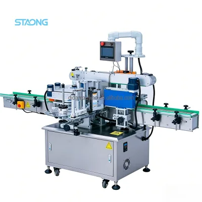 Upright Automatic Round Bottle Double Sides Front and Back Labeling Machine for Cosmetic Flat Bottle Body Wash Bottle