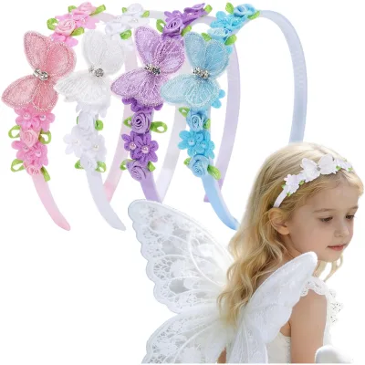 Kids Lace Butterfly Flower Headband Princess Floral Rhinestone Hair Bands Sweet Girls Wedding Party Photo Props Hair Accessories