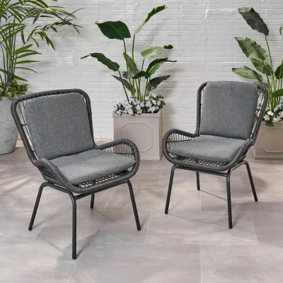 Outdoor Patio Chair with Cushions (Set of 2),Aluminum Frame Rope Armchair ,Bistro Set for Backyard, Poolside, Garden,Light Teak